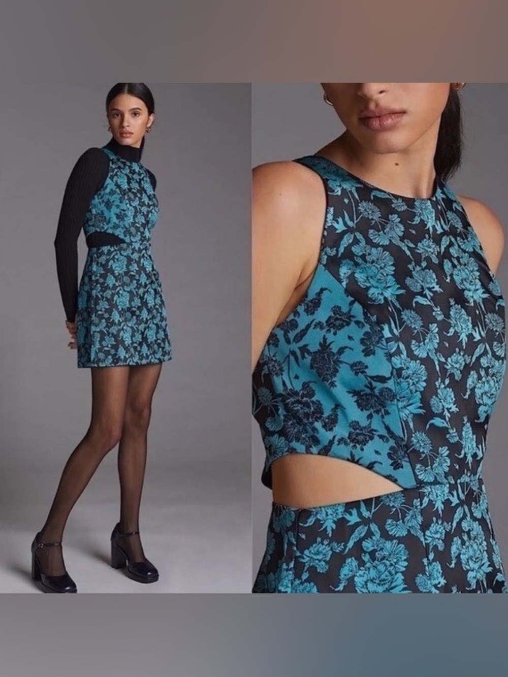 NWT HUTCH Anthropologie Floral Jacquard Cut-Out Mini Dress Teal Black Size 2